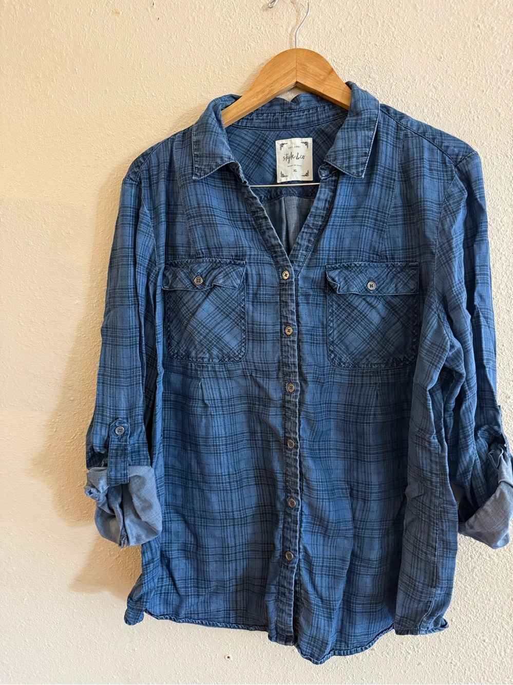 Style & Co womens denim blue button up shirt size XL